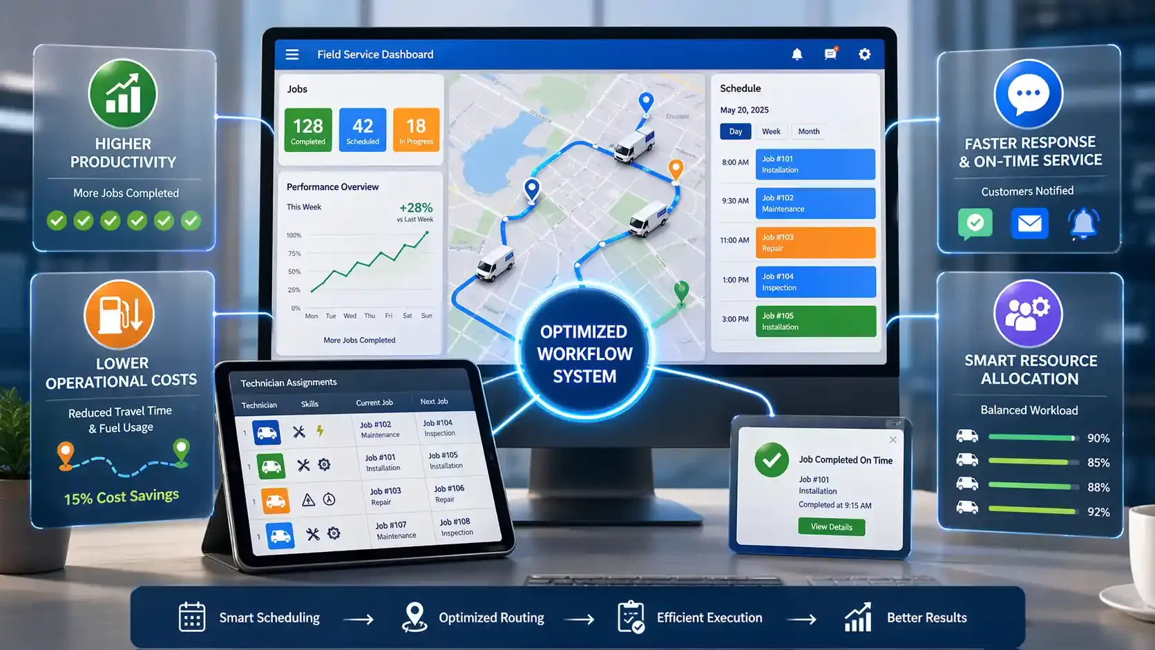Field service dashboard showing scheduling, routing, and productivity benefits
